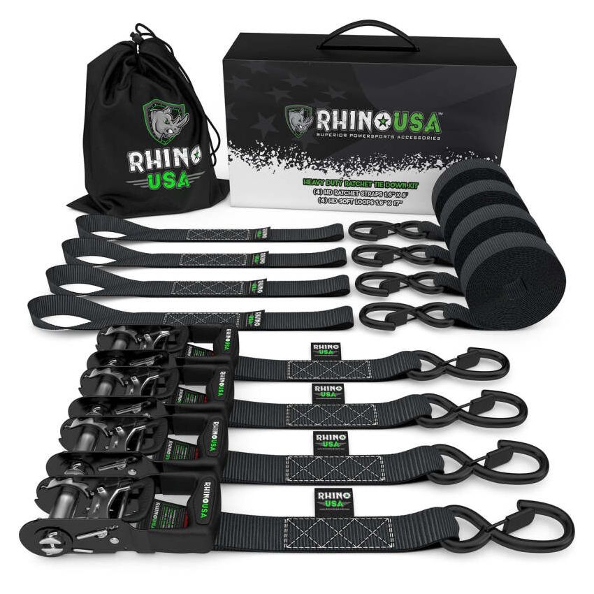 Rhino USA TD-GC1.6X15-BLK Heavy Duty Ratchet Tie-Down 4-Pack Black 1.6In X 15Ft