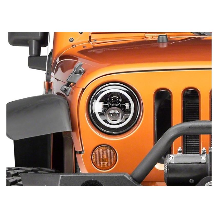 Raxiom 97-18 Jeep Wrangler TJ/JK Axial Halo Headlights w/ DRL Amber Signals- Blk Hsng (Clear Lens)