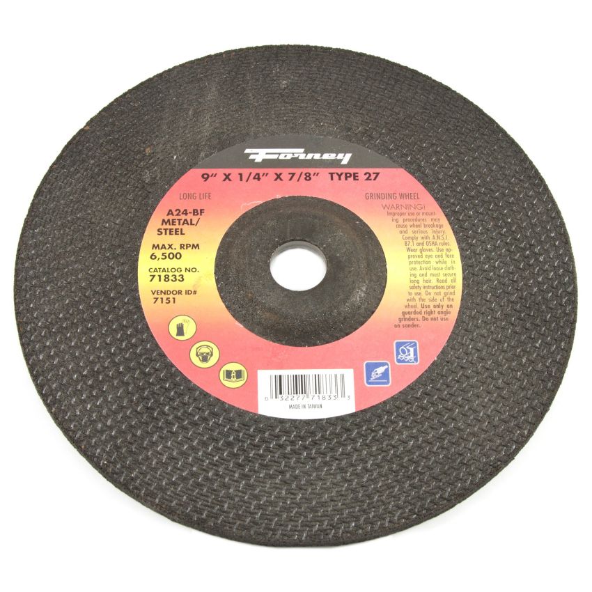 Forney 71833 Grinding Wheel with 5/8-Inch-11 Threaded Arbor, Metal Type 27, A24R, 9-Inch-by-1/4-Inch