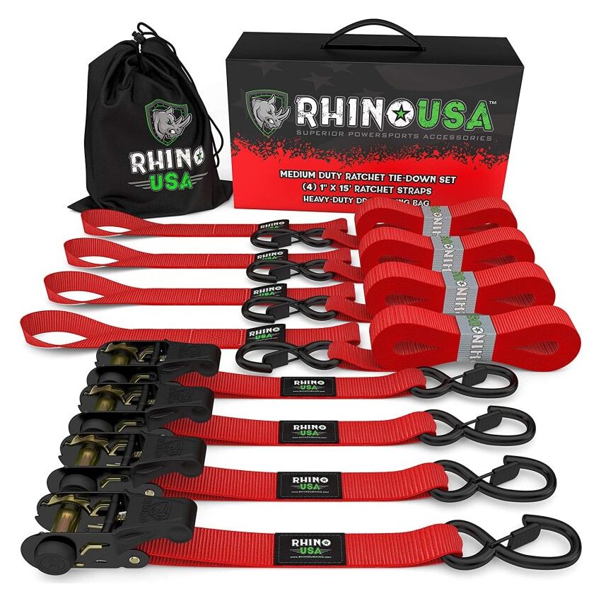 Rhino USA RCHT-4PACK-RED Medium Duty Ratchet Strap Tie-Down 4-Pack (Red)