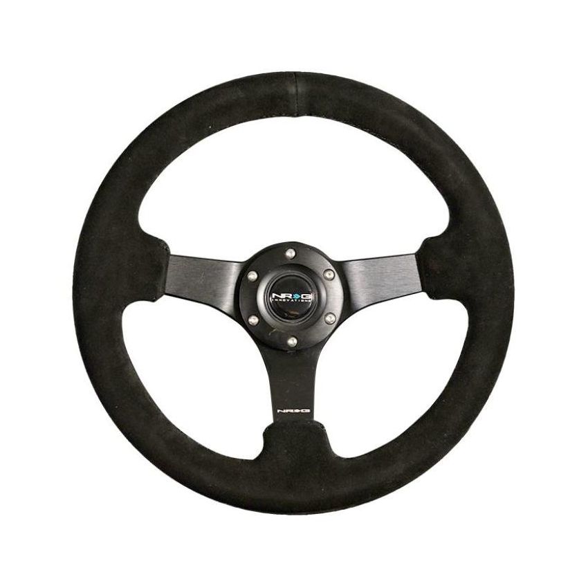 NRG Reinforced Steering Wheel (330mm / 3in Deep) Blk Suede w/Criss Cross Stitch w/Blk 3-Spoke Center