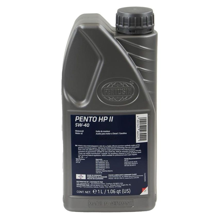 CRP PRODUCTS 8042107 Pentosin HP II 5W-40 Synthetic Motor Oil exceeds service class API SM ACEA A3,B4