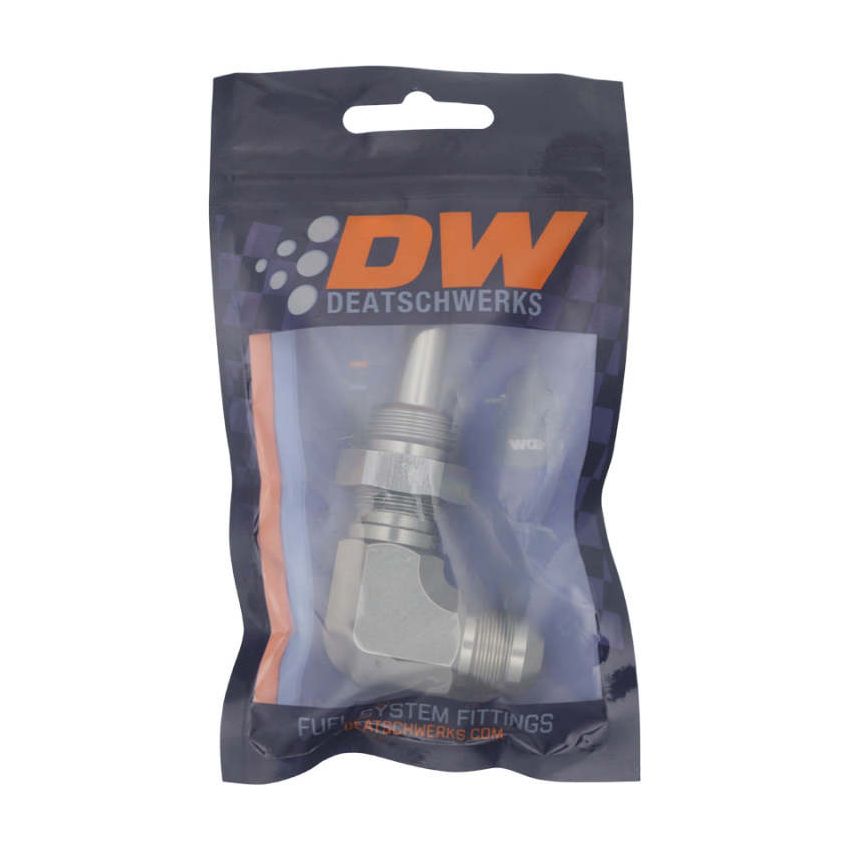 DeatschWerks 8AN Male Flare to 90-Degree 3/8in Single Hose Barb - Anodized DW Titanium