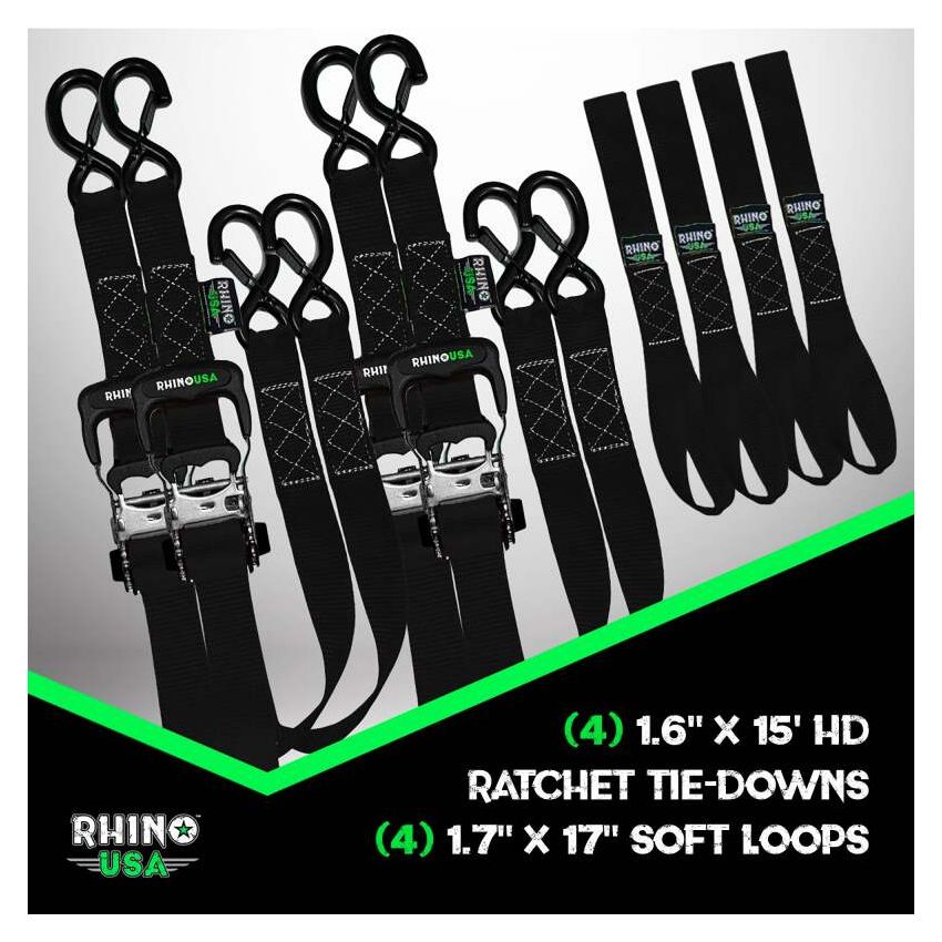 Rhino USA TD-GC1.6X15-BLK Heavy Duty Ratchet Tie-Down 4-Pack Black 1.6In X 15Ft