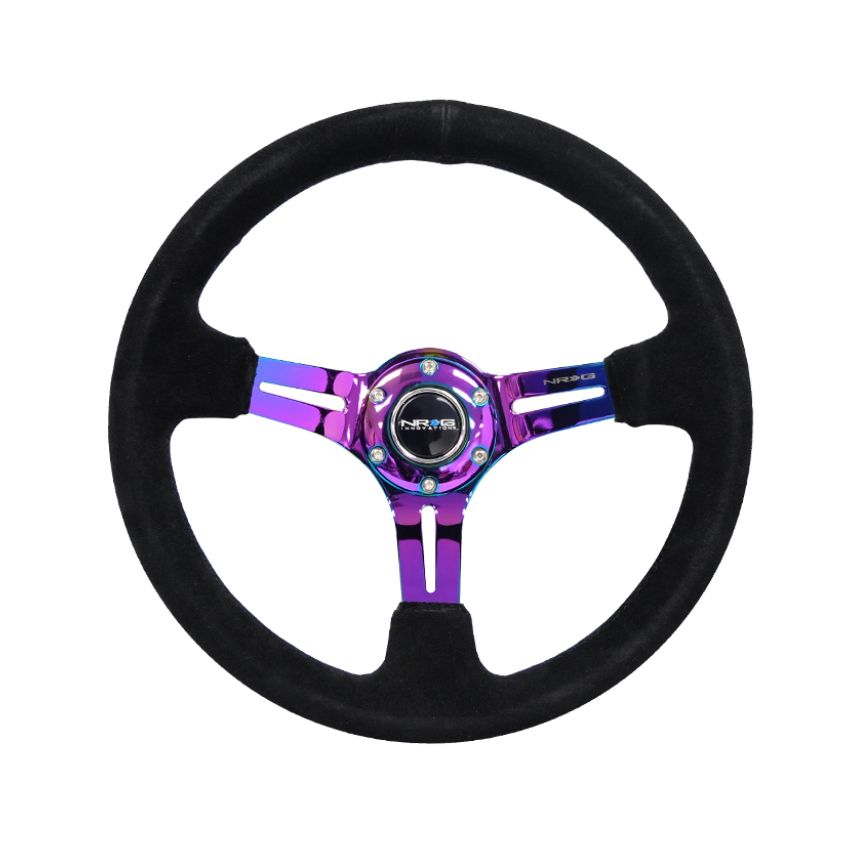 NRG Reinforced Steering Wheel (350mm / 3in. Deep) Blk Suede/Blk Stitch w/Neochrome Slits