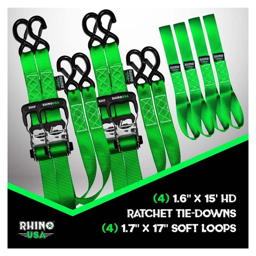 Rhino USA TD-GC1.6X15-GRN Heavy Duty Ratchet Tie-Down 4-Pack Green 1.6In X 15Ft