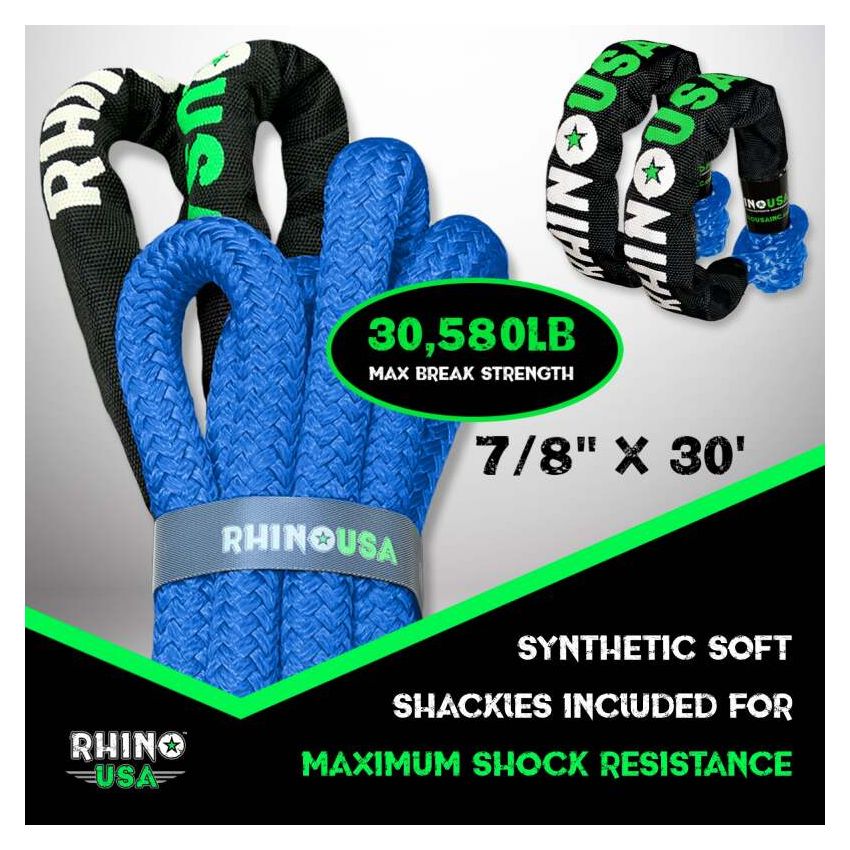 Rhino USA RG-KRKIT78X30-BLU 7/8In X 30Ft Kinetic Rope Recovery Kit W/Soft Shackles (Blue)