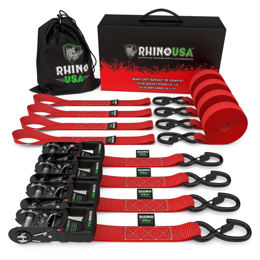 Rhino USA HDKIT-4PK-RED Heavy Duty Ratchet Tie-Down 4-Pack (Red) 1.6In X 8Ft