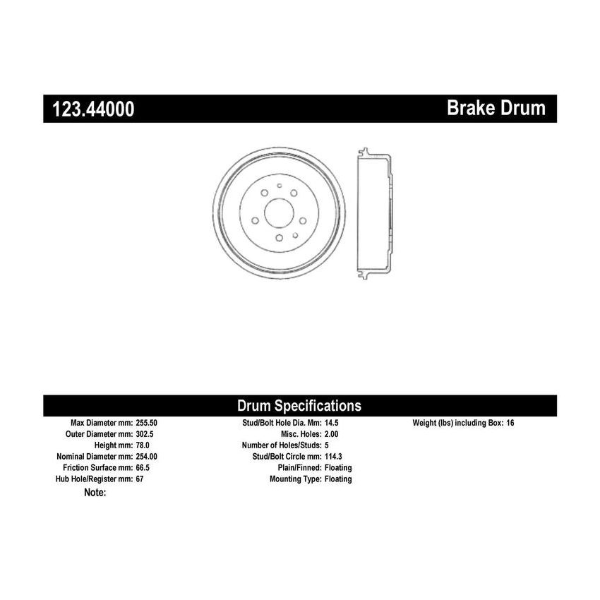 CENTRIC PARTS 123.44000 C-Tek Standard Brake Drum