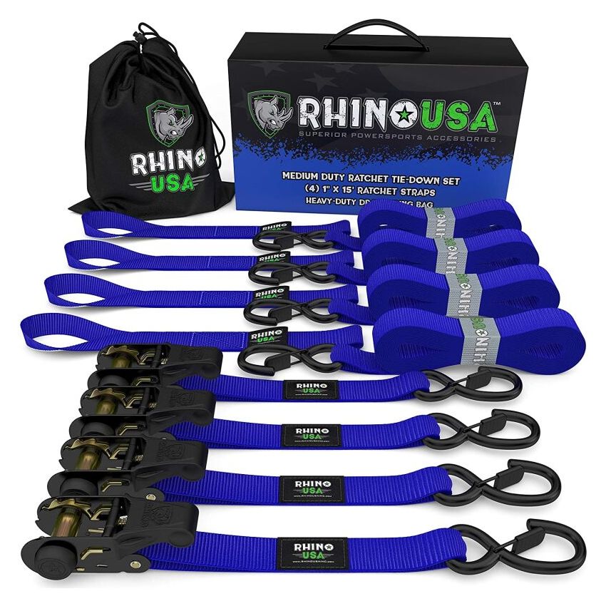 Rhino USA RCHT-4PACK-BLU Medium Duty Ratchet Strap Tie-Down 4-Pack (Blue)
