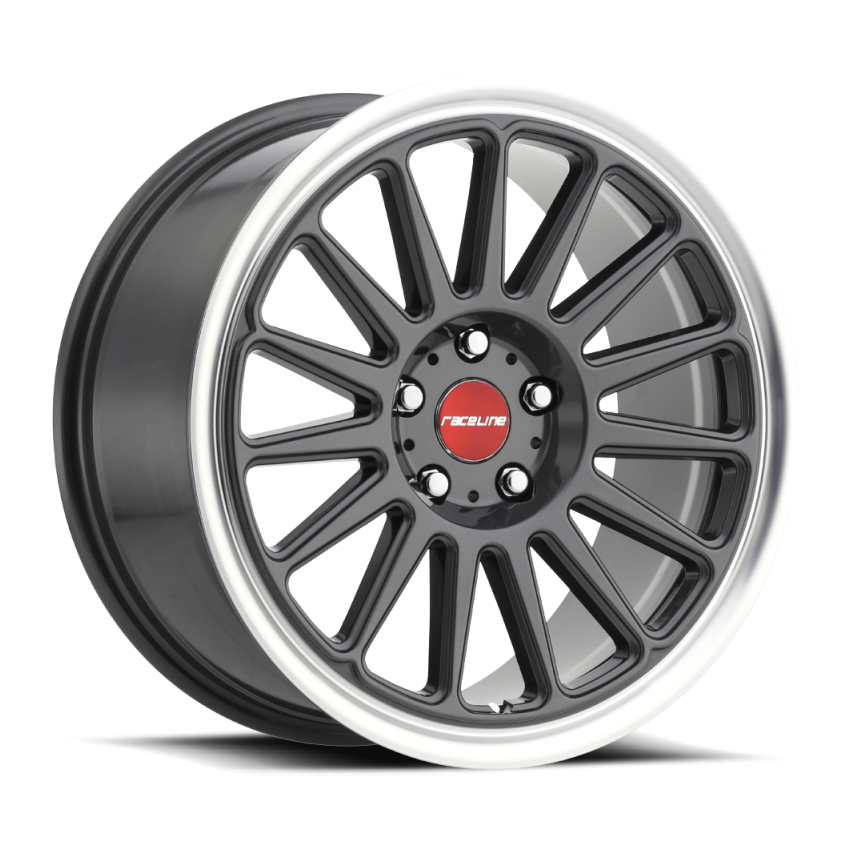 Raceline 315G Grip 18x8.5in / 5x120 BP / 45mm Offset / 74.1mm Bore - Gunmetal & Machined Wheel
