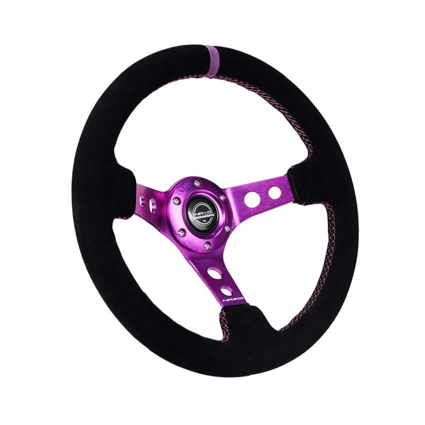 NRG RST-006S-PP Reinforced Steering Wheel (350mm / 3in. Deep) Black Suede w/Purple Center & Purple Stitching
