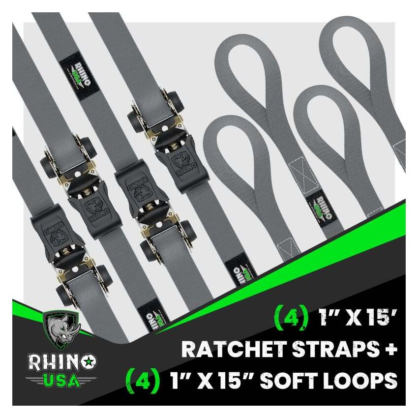 Rhino USA RCHT-4PACK-GRY Medium Duty Ratchet Strap Tie-Down 4-Pack (Gray)
