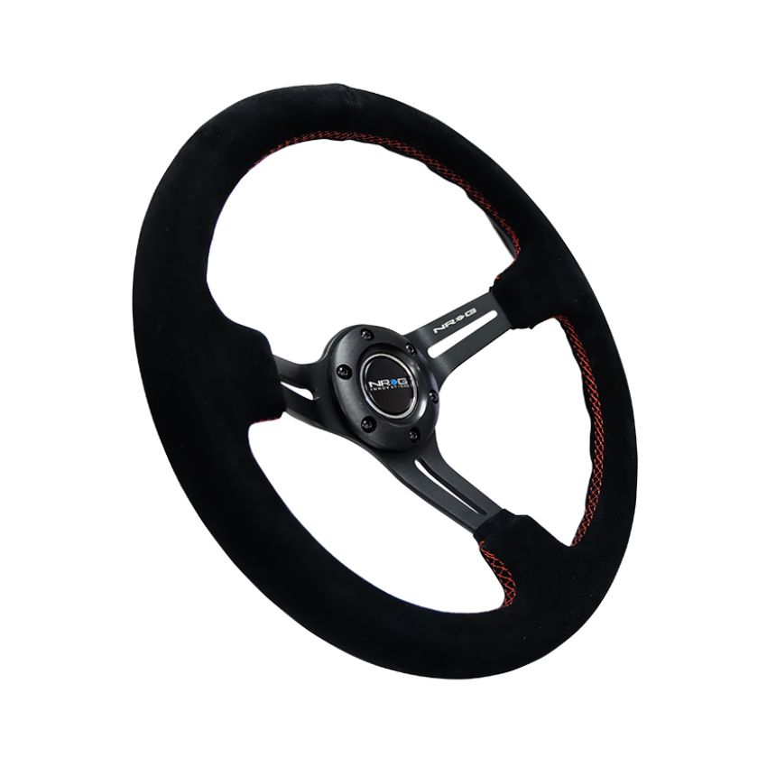 NRG Reinforced Steering Wheel (350mm / 3in. Deep) Blk Suede w/Red Stitching & 5mm Spokes w/Slits