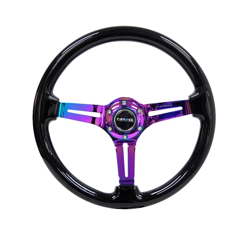 NRG Reinforced Steering Wheel (350mm / 3in. Deep) Blk Wood w/Blk Matte Spoke/Neochrome Center Mark