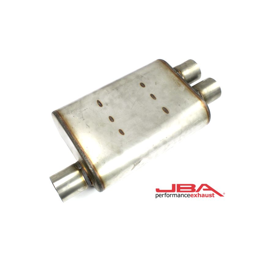 JBA Universal Chambered Style 304SS Muffler 13x9.75x4 2.5in Inlet Diameter Offset/2.5 Dual Outlet