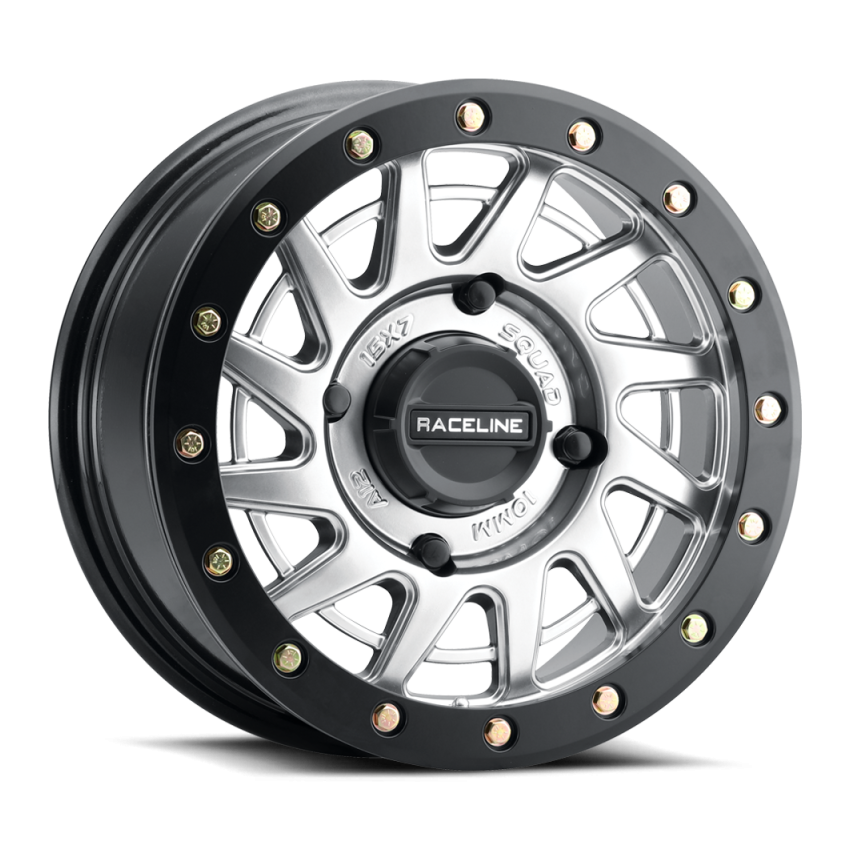 Raceline A12SB Squad 15x7in/4x156 BP/10mm Offset/132.5mm Bore - Silver & Black Ring Beadlock Wheel
