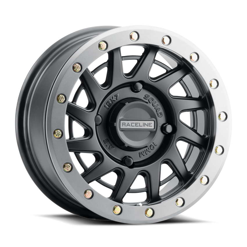 Raceline A12BG Squad 15x7in/4x156 BP/38mm Offset/132.5mm Bore - Black & Gunmetal Ring Beadlock Wheel