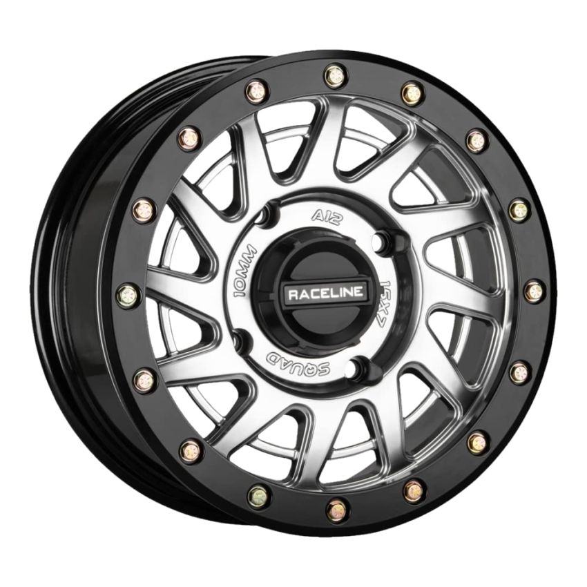 Raceline A12SB Squad 15x7in/4x156 BP/10mm Offset/132.5mm Bore - Silver & Black Ring Beadlock Wheel