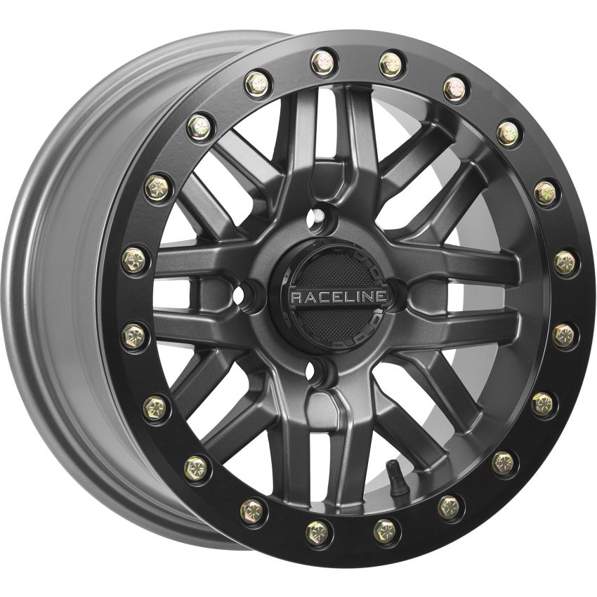 Raceline A91G Ryno 14x7in/4x137 BP/10mm Offset/110.18mm Bore - Gunmetal & Black Ring Beadlock Wheel
