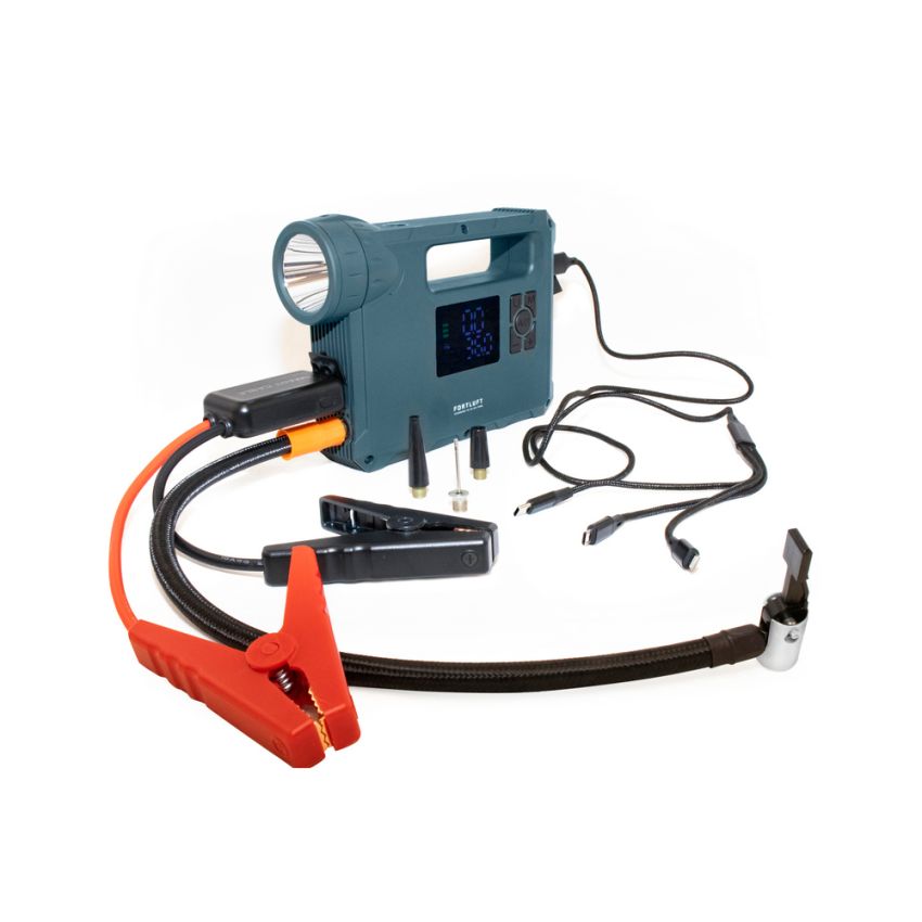 FORTLUFT JS002 Portable Power Station Jump Starter & Air Compressor: 1000 Peak/400 Instant Amps- 150 PSI Digital Air Compressor - USB Port - LED Flashlight - Battery Clamps