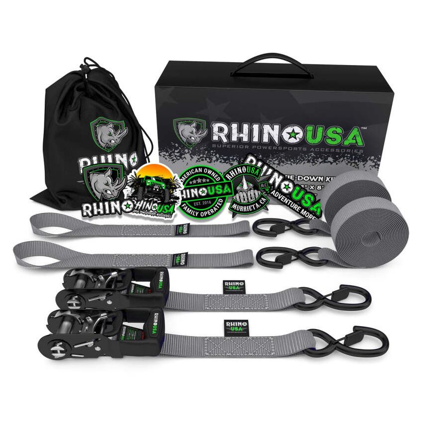Rhino USA HDKIT-2PK-GRY Heavy Duty Ratchet Tie-Downs 2-Pack (Gray) 1.6In X 8Ft