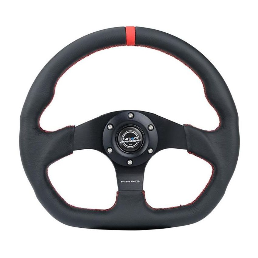 NRG RST-024MB-R-RD Reinforced Steering Wheel (320mm) Sport Leather Flat Bottom w/ Red Center Mark/ Red Stitching