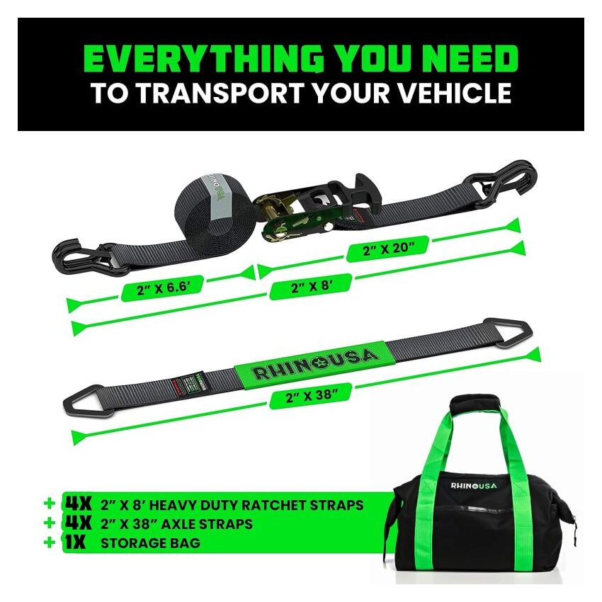 Rhino USA 2IN-HDKIT-GRN Heavy Duty Vehicle Tie Down Kit- Green