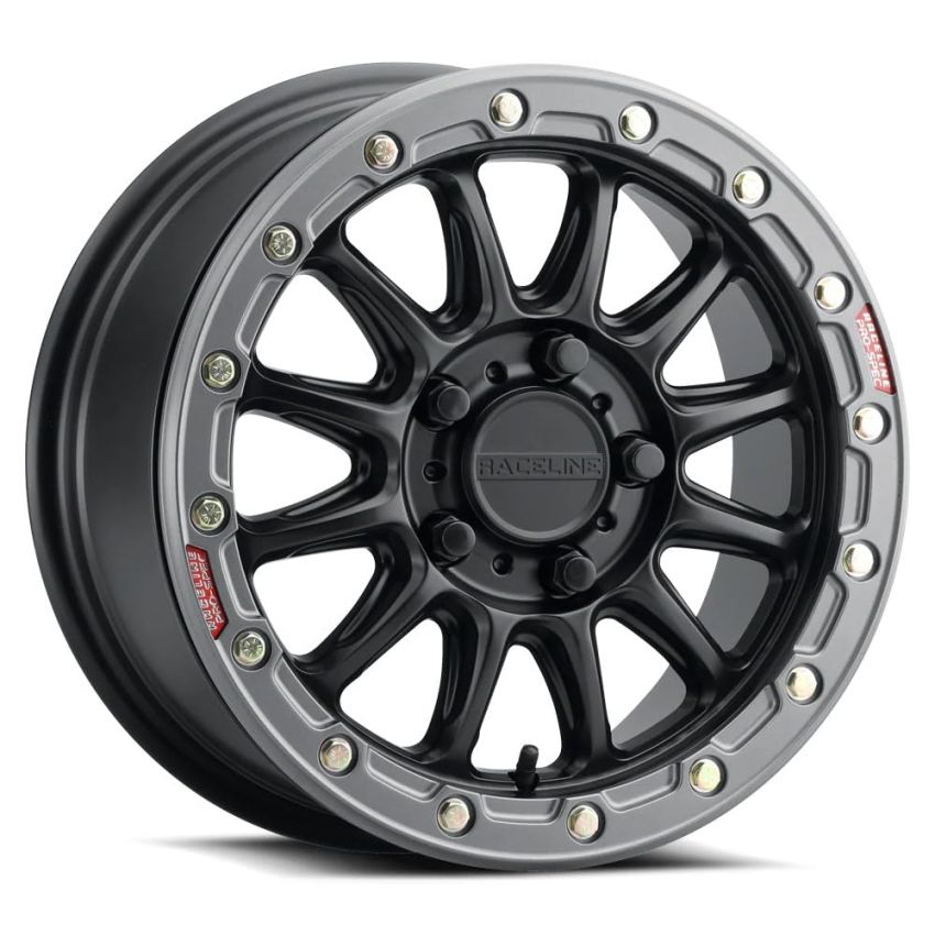 Raceline A14BG Alpha 15x7in/5x114.3 BP/53mm Offset/68mm Bore - Black & Gunmetal Ring Beadlock Wheel
