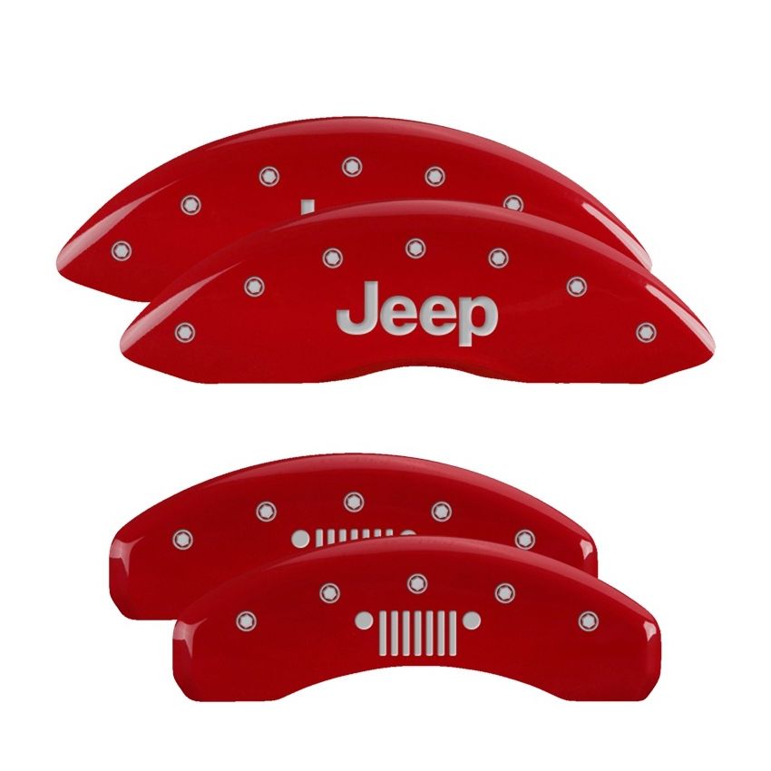 MGP 4 Caliper Covers Engraved Front JEEP Engraved Rear JEEP Grill Logo Red Finish Silver Characters
