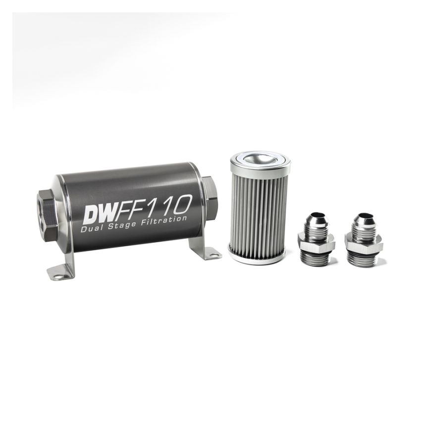 DeatschWerks 8-03-110-010K-8 Stainless Steel 8AN 10 Micron Universal Inline Fuel Filter Housing Kit (110mm)
