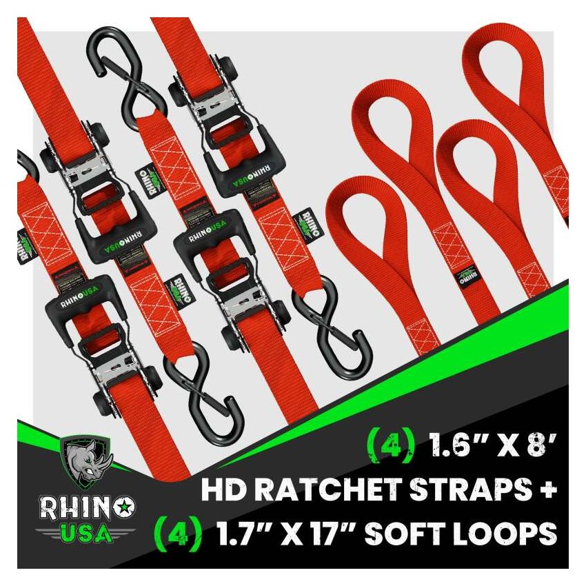 Rhino USA HDKIT-4PK-RED Heavy Duty Ratchet Tie-Down 4-Pack (Red) 1.6In X 8Ft