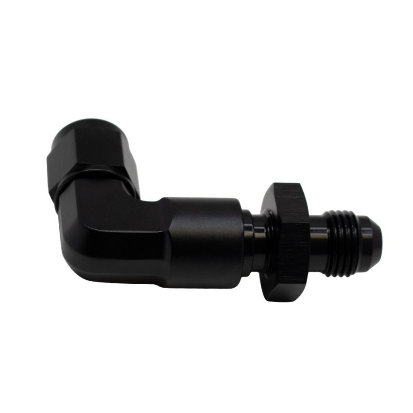 DeatschWerks 6-02-0727-B 6AN Female Flare Swivel to 6AN Male Flare 90-Degree Bulkhead - Anodized Matte Black