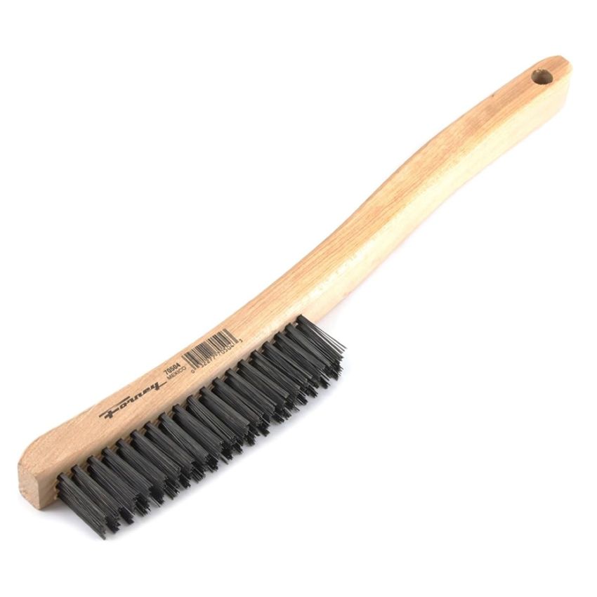 Forney 70504 Wire Scratch Brush, Carbon Steel with Curved Wood Handle, 13-3/4-Inch-by-.014-Inch