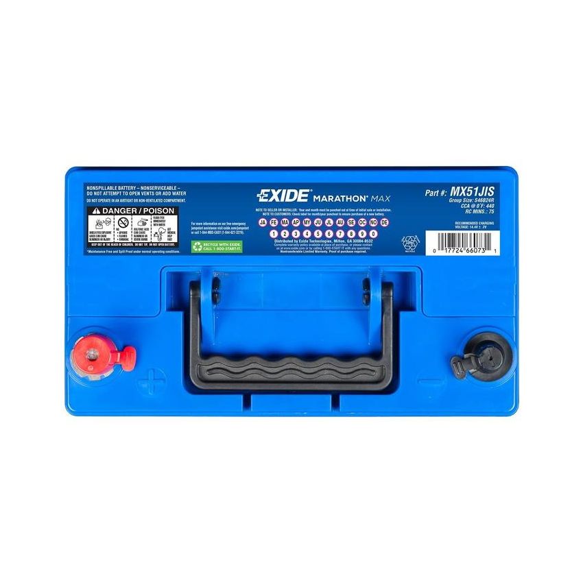 EXIDE BATTERY MX51JIS Marathon Max GRP:S46B24R CCA:410 AH:41 RC:75 AGM