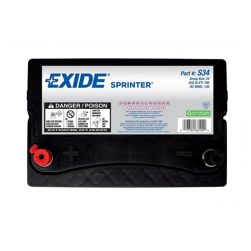 EXIDE BATTERY S34 Sprinter GRP:34 CCA:700 AH:63 RC:120 FLOODED