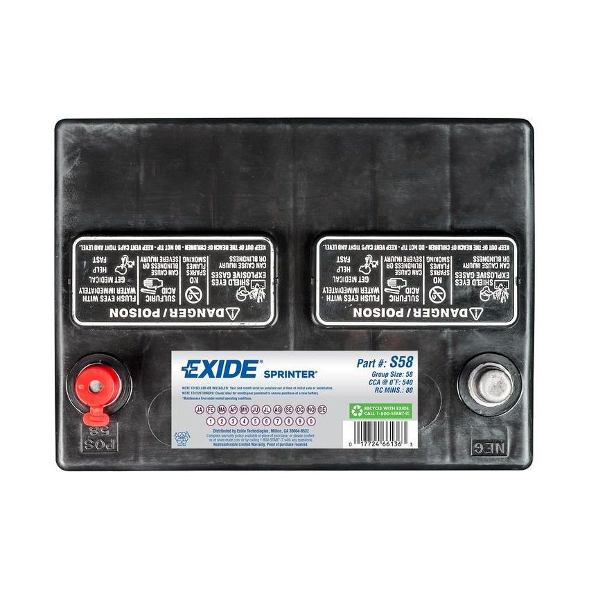EXIDE BATTERY S58 Sprinter GRP:58 CCA:540 AH:44 RC:80 FLOODED