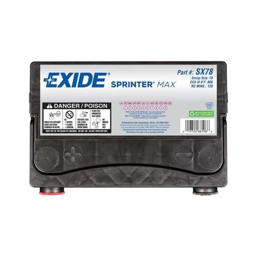 EXIDE BATTERY SX78 Sprinter Max GRP:78 CCA:800 AH:63 RC:120 FLOODED