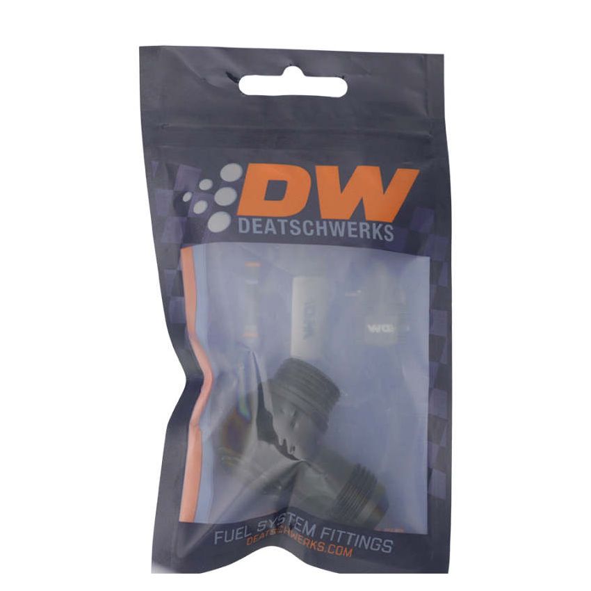 DeatschWerks 8AN ORB Male to 8AN Male Flare Low Profile 90-Degree Swivel - Anodized Matte Black