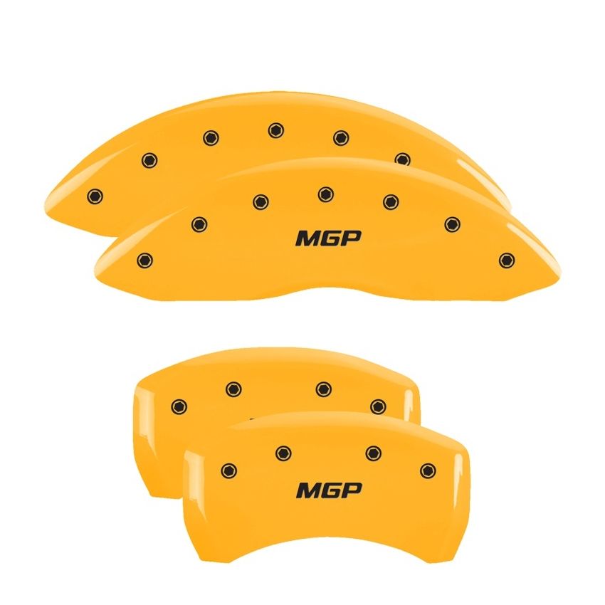 MGP 4 Caliper Covers Engraved Front/Rear 18-19 Buick Regal Sportback Yellow Finish Silver Characters