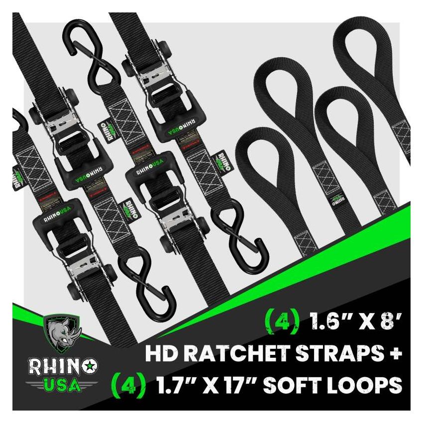 Rhino USA HD-RATCHETKIT-4PK Heavy Duty Ratchet Tie-Down 4-Pack (Black) 1.6In X 8Ft