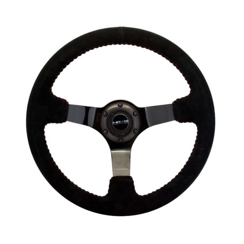 NRG Reinforced Steering Wheel (350mm / 3in. Deep) Blk Suede w/Red BBall Stitch & Black 3-Spoke