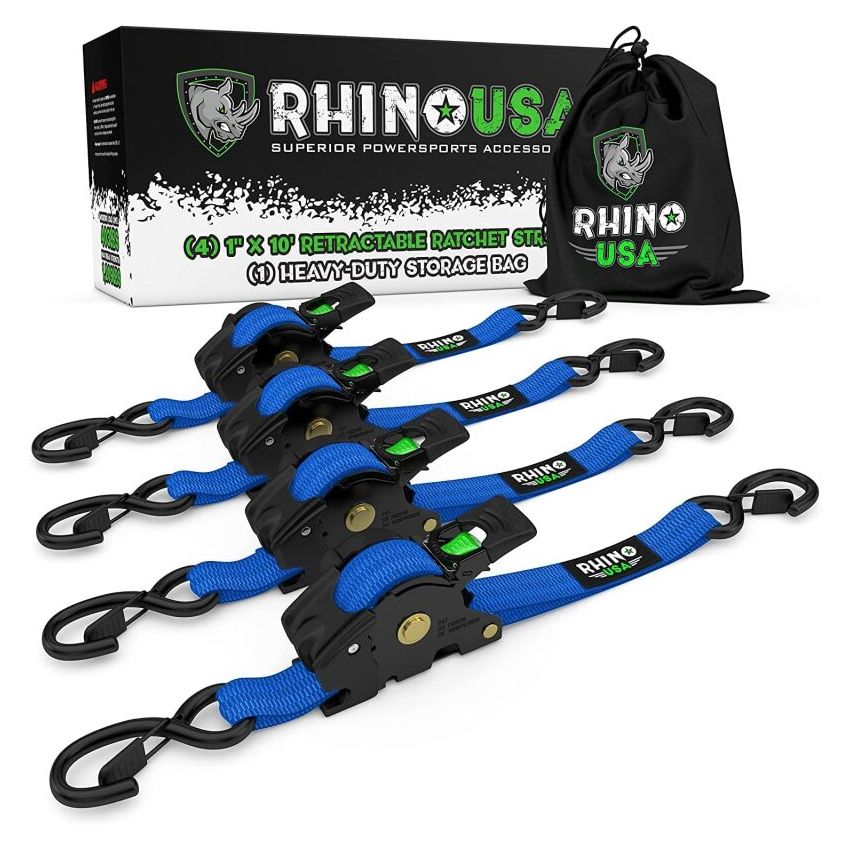 Rhino USA TD-RSRE1X10-BLU Retractable Ratchet Straps (4Pk 1Inx10Ft) (Blue)