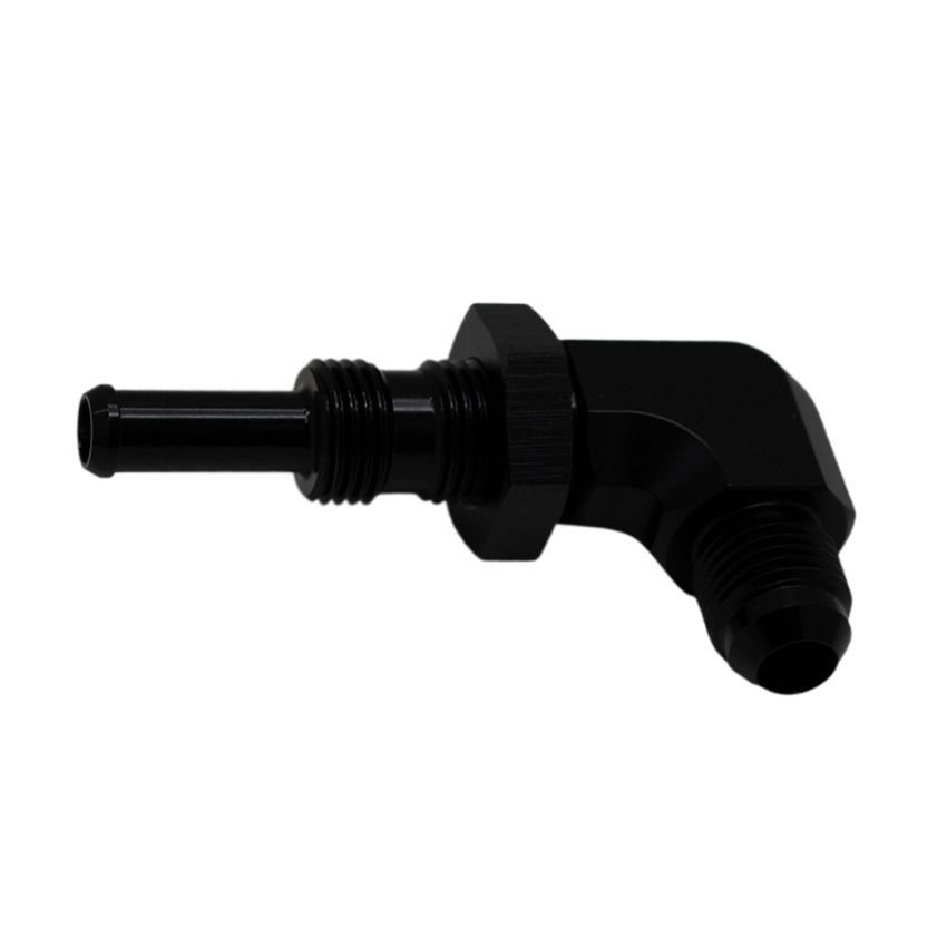 DeatschWerks 6AN Male Flare to 5/16in Male Barb Bulkhead Adapter 90-Degree - Anodized Matte Black