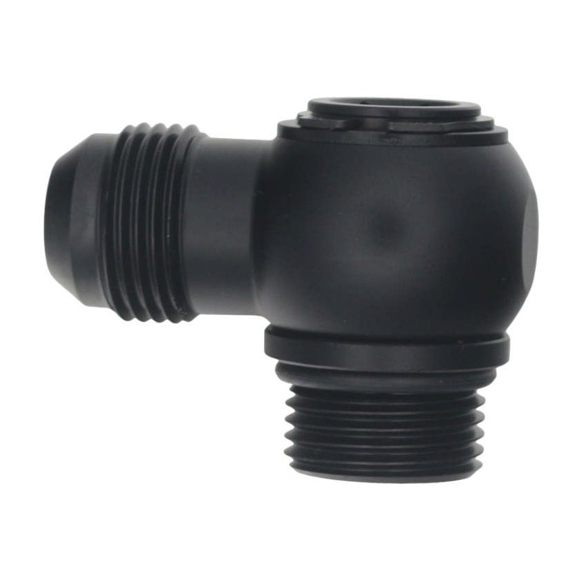 DeatschWerks 10AN ORB Male to 10AN Male Flare Low Profile 90-Degree Swivel - Anodized Matte Black
