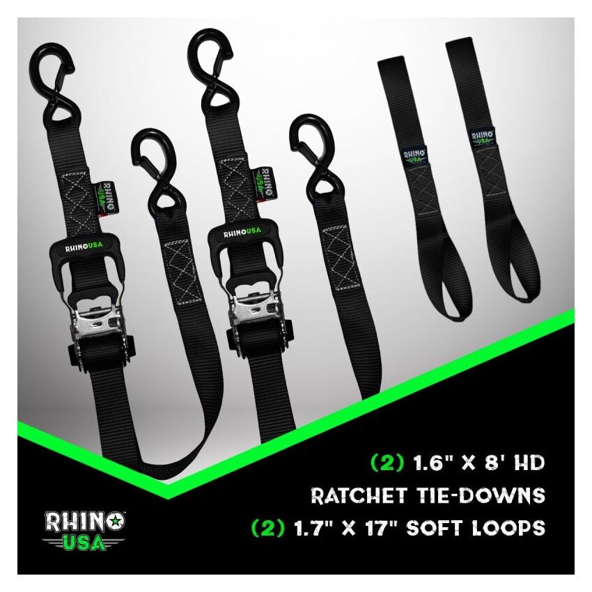 Rhino USA HDKIT-2PK-BLU Heavy Duty Ratchet Tie-Downs 2-Pack (Blue) 1.6In X 8Ft