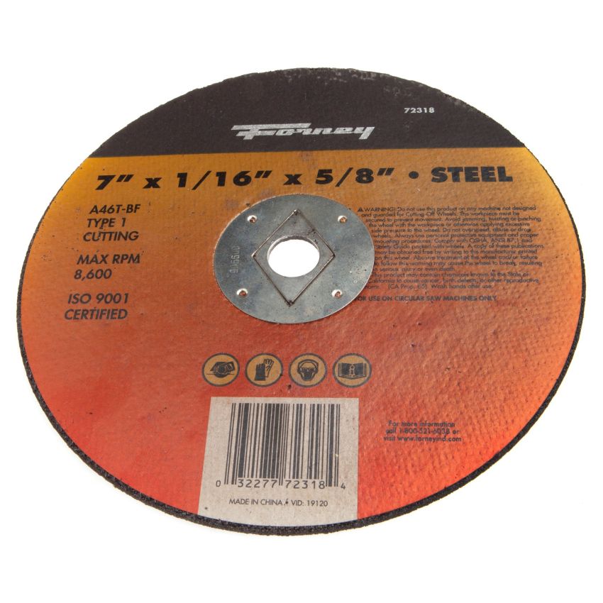 Forney 72318 Cut-Off Wheel, Type 1 Metal with 5/8-Inch Arbor, A46T-BF, 7-Inch-by-1/16-Inch