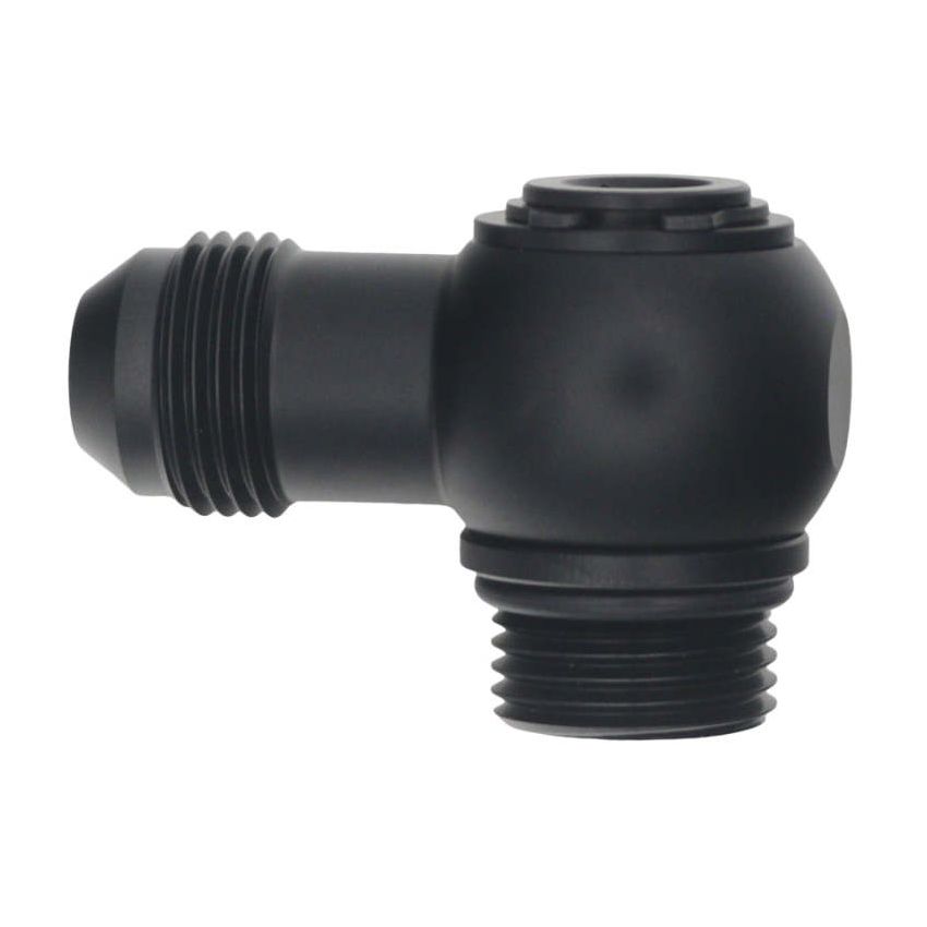 DeatschWerks 8AN ORB Male to 8AN Male Flare Low Profile 90-Degree Swivel - Anodized Matte Black