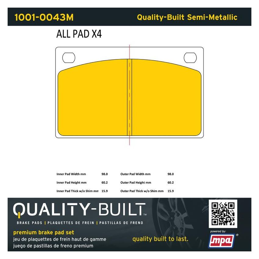 MPA 1001-0043M Quality-Built Premium Semi-Metallic Brake Pads