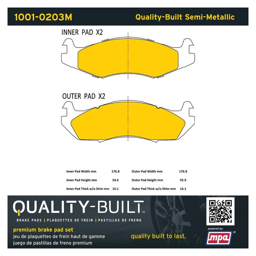 MPA 1001-0203M Quality-Built Premium Semi-Metallic Brake Pads w/ Hardware
